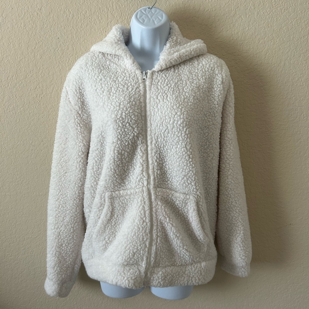 Time and Tru White Plush Zip-Up Hoodie with Cozy Hood
